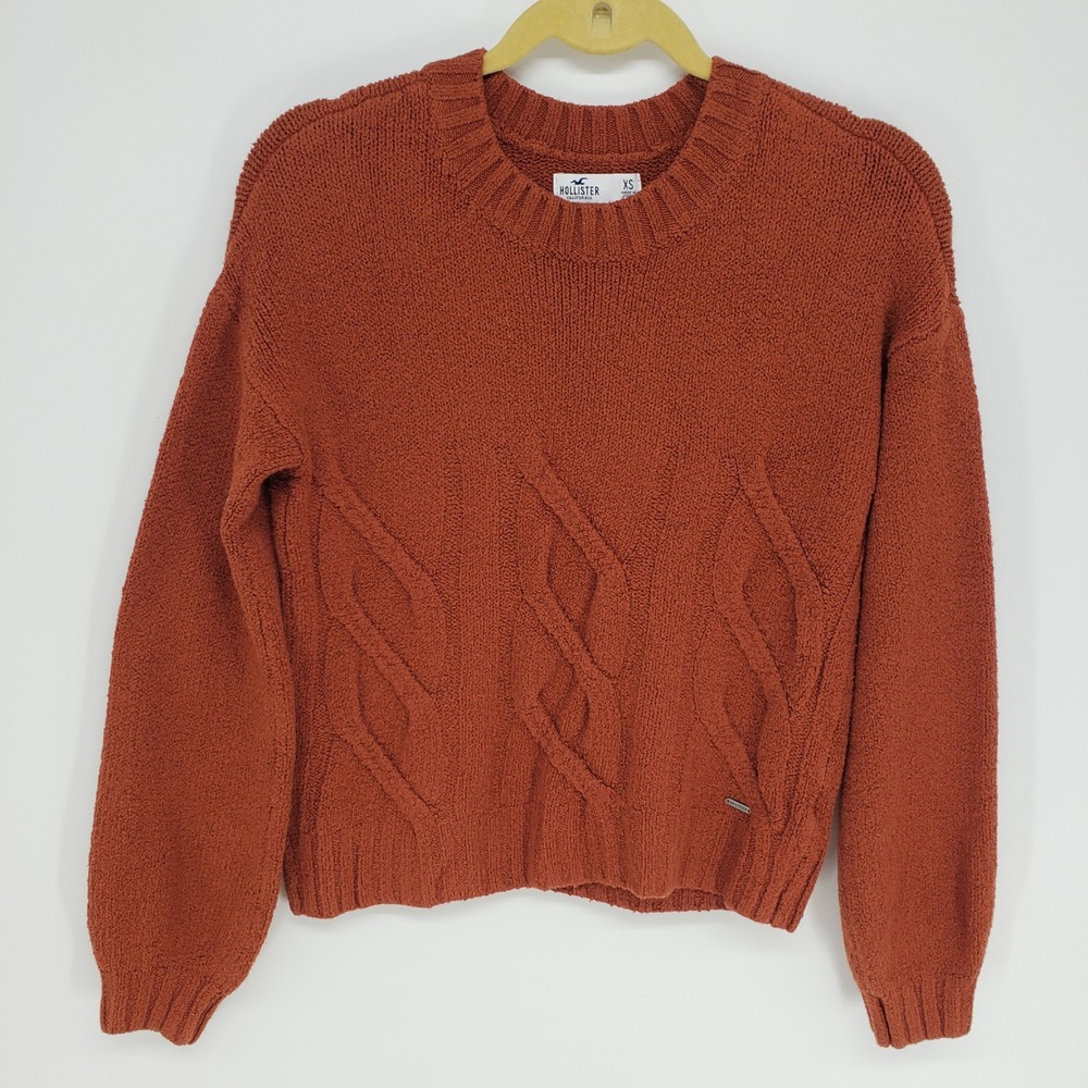 Hollister Cable Knit Crewneck Sweater Women XS Burnt Orange Cozy Long Sleeve